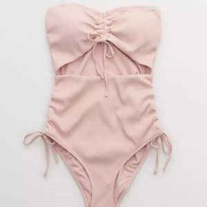 AERIE Ribbed Cut Out One Piece Swimsuit Ruched High Waist Padded small /P